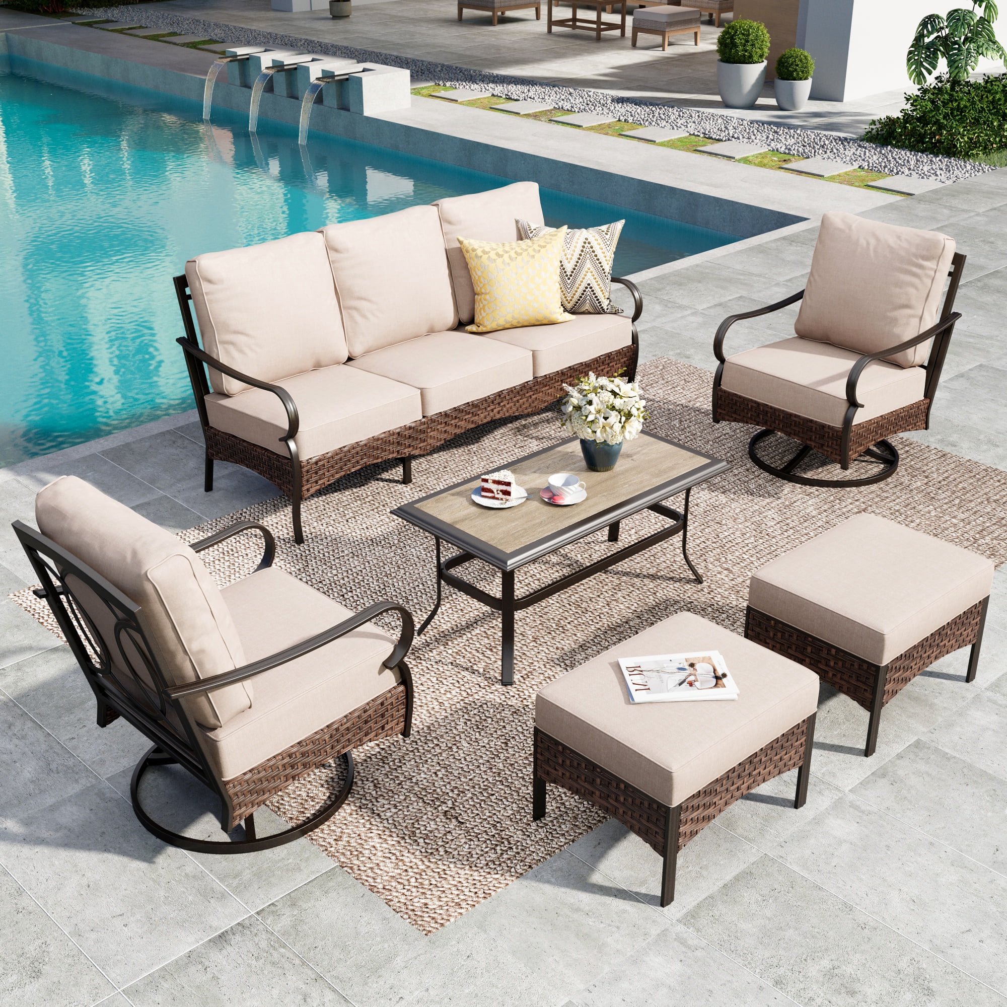 SUMMIT LIVING 6-Piece Outdoor Patio Furniture Set with Swivel Chairs & Ottomans, 7-Seat Outdoor Patio Conversation Set with Wood-Grain Coffee Table, Black & Beige