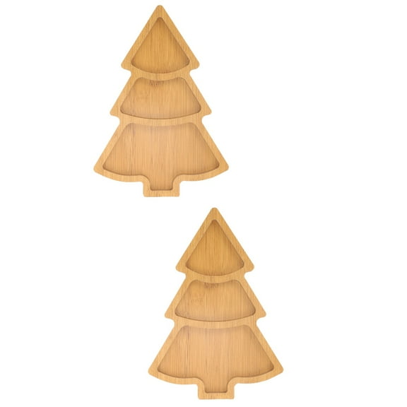 Christmas Tree Tray Wooden Dishes Divided Serving Platter 2 Pieces Pizza Cutlery Appetizers Desserts Plates Party Trays