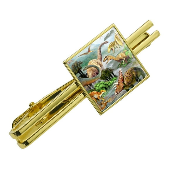 Dinosaur Jurassic Dinoscape Square Tie Bar Clip Clasp Tack- Silver or Gold