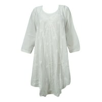 Mogul Bohemian Boho Chic Pure White Cotton Floral Embroidered Fit & Flare Long Tunic Cover Up Dress M