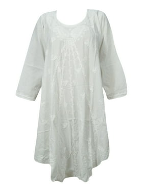 Mogul Bohemian Boho Chic Pure White Cotton Floral Embroidered Fit & Flare Long Tunic Cover Up Dress M