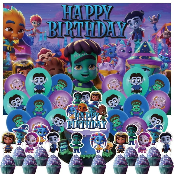 32 Pcs For Super Monsters Theme Birthday Party Supplies Party Favor Set,With 18 Balloons,5*3ft Birthday Backdrop Decorations,13 Cupcake Toppers,All-in-One Party Supply Set