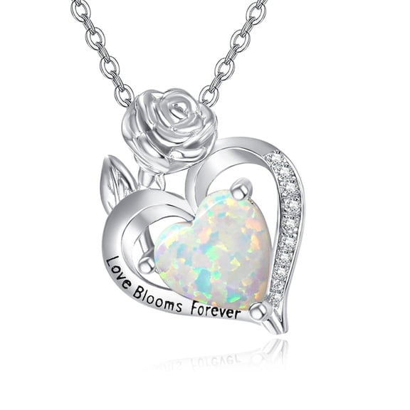 TANGPOET Opal Necklace Sterling Silver Rose Flower Heart Pendant Fine Jewelry Birthday Gifts for Women