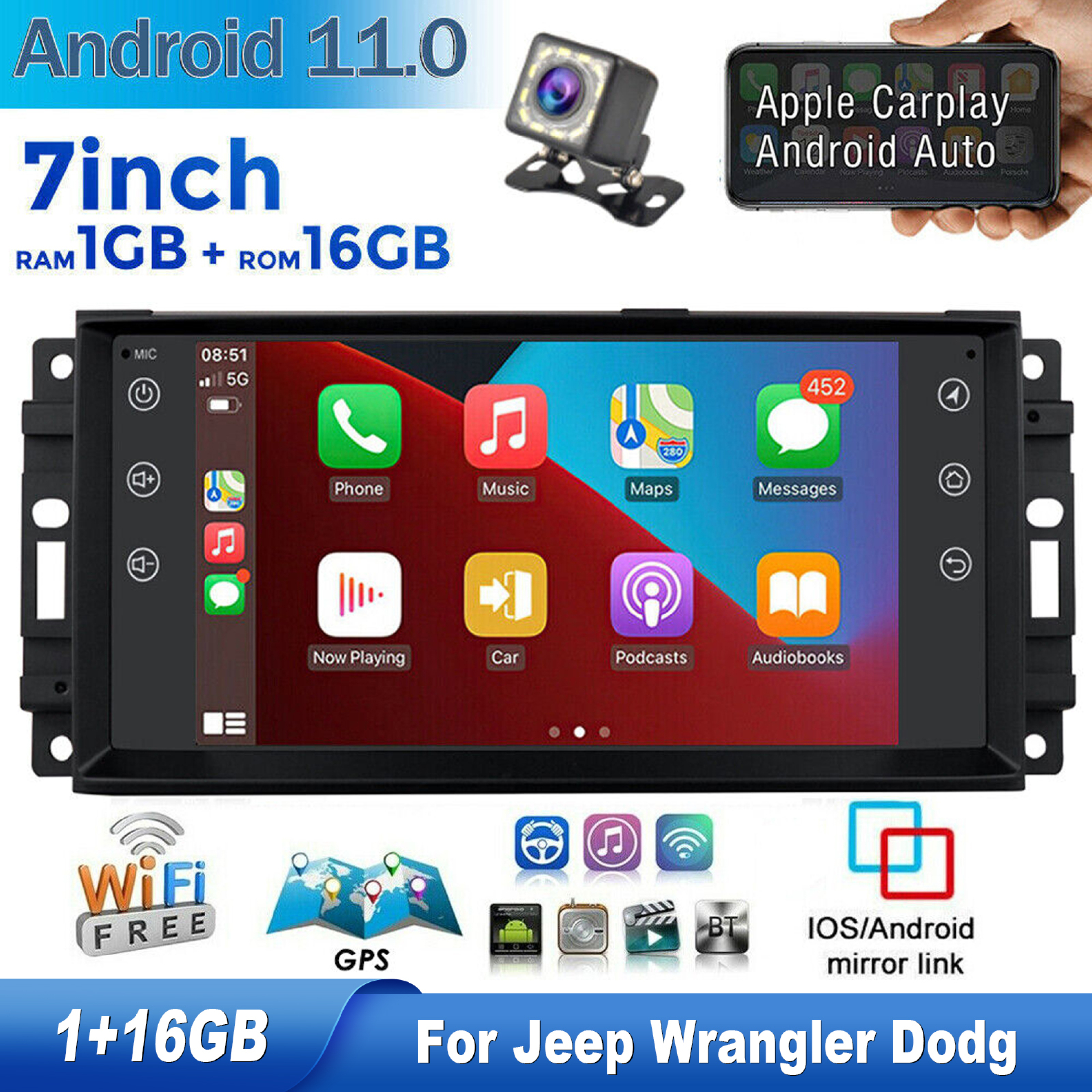 EUBUY for Jeep Wrangler Dodge Apple Carplay 7