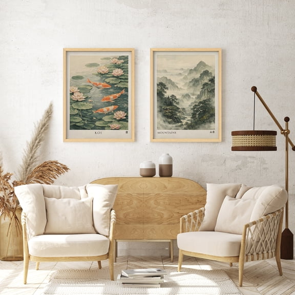 Framed Print Wall Art Set of 2 - Koi Water Lilies Poster Art - 2 Pieces Nature Mountain Landscape Modern Wall Decor for Living Room - 12"x16"x2 Natural