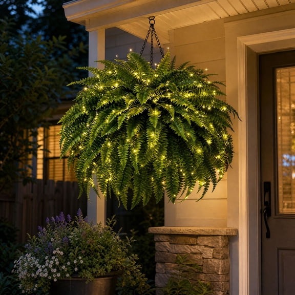Oversized Artificial Boston Fern with Warm LED Lights UV Resistant No Watering Faux Hanging Plant for Patio Front Porch Indoor Outdoor Home Decor