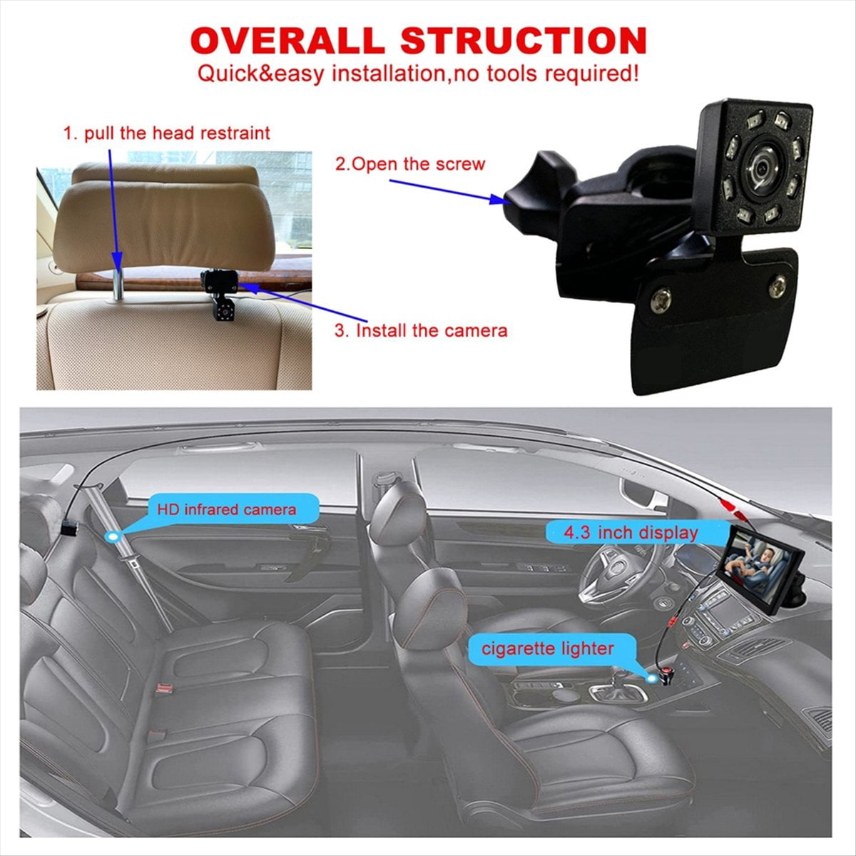 Baby Car Camera, Baby Car Rearview Mirror, 4.3 Inch Baby Car Monitor