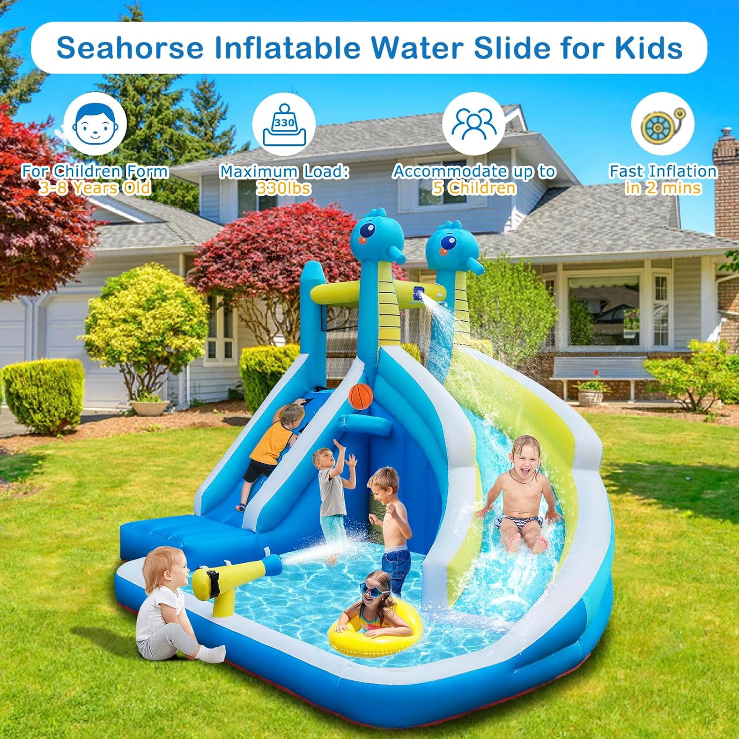 HEMOPOW 5-in-1 Inflatable Splash Park, Seahorse Water Slide with Climbing Wall, Water Cannon, Hoop & Blower for Indoor/Outdoor Backyard Fun, Ages 3+