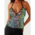 thumbnail image 3 of Women Y2K Sequin Halter Neck Crop Tops V Neck Glitter Cami Top Tie Up Back Sparkle Slim Tank Tops, 3 of 4