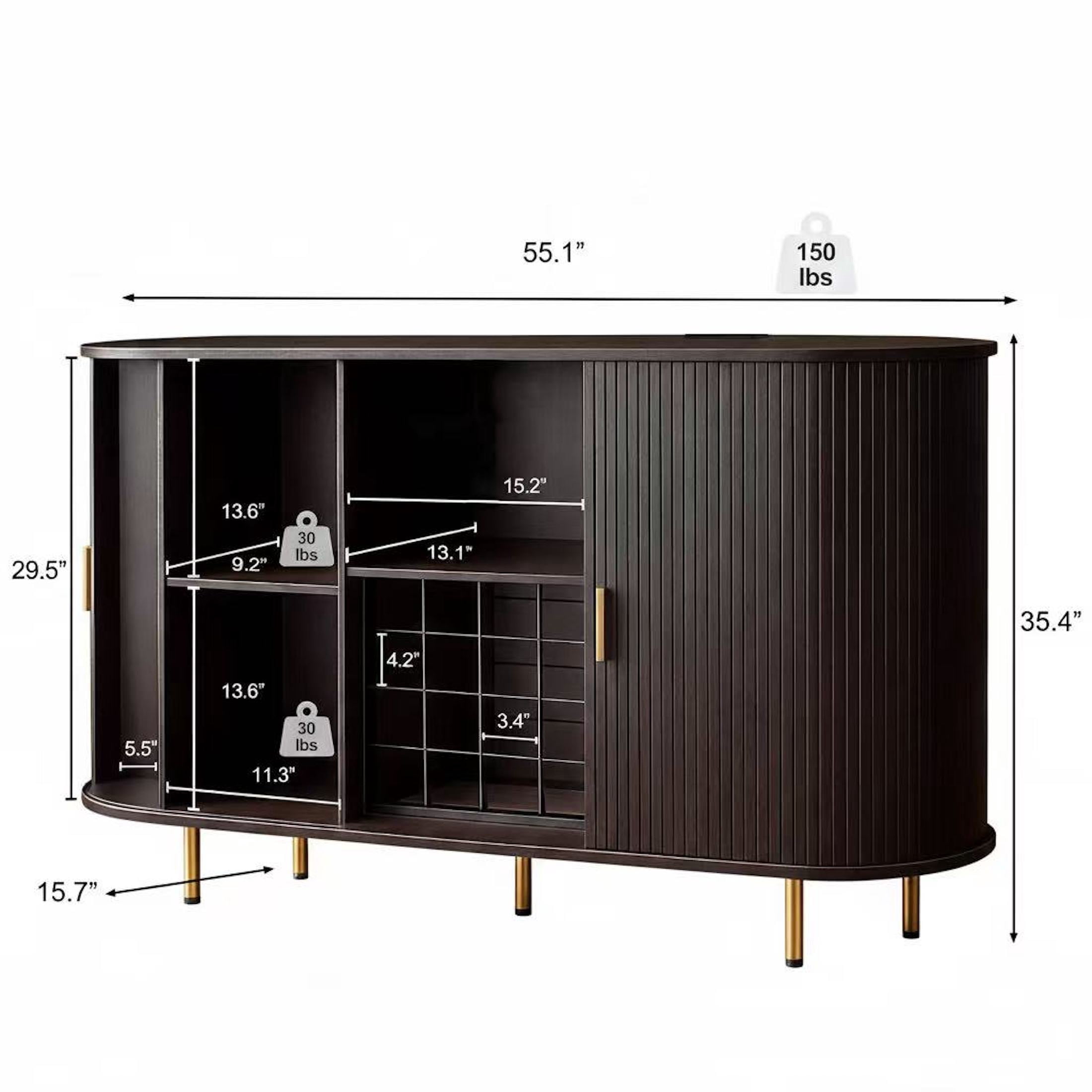 Aisword 55" Wine Bar Cabinet with Storage, Fluted Liquor Coffee Bar Cabinet with LED Lights, Buffet Sideboard, Brown