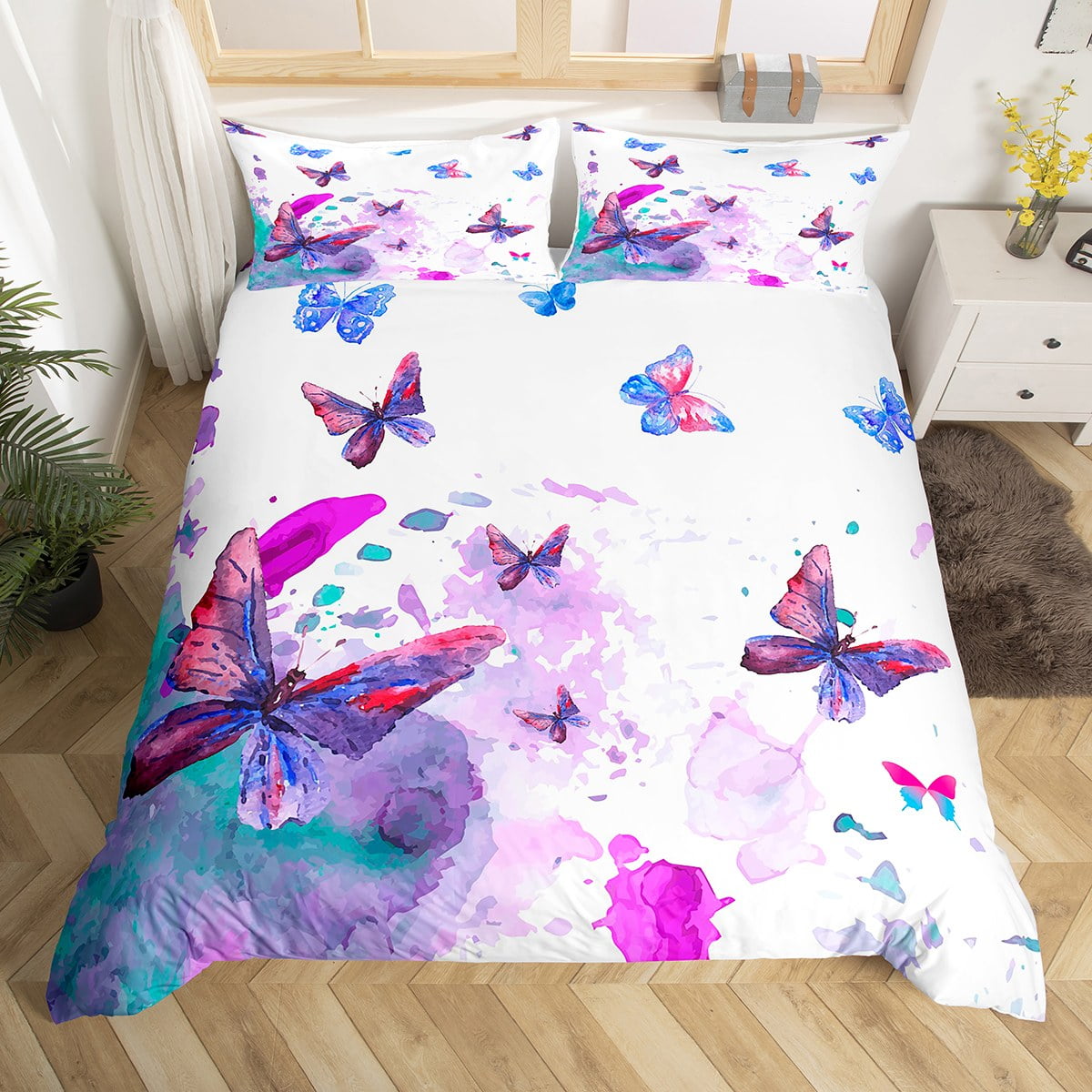 Watercolor Butterfly Duvet Cover Queen Size,Purple Tie Dyed Butterflies