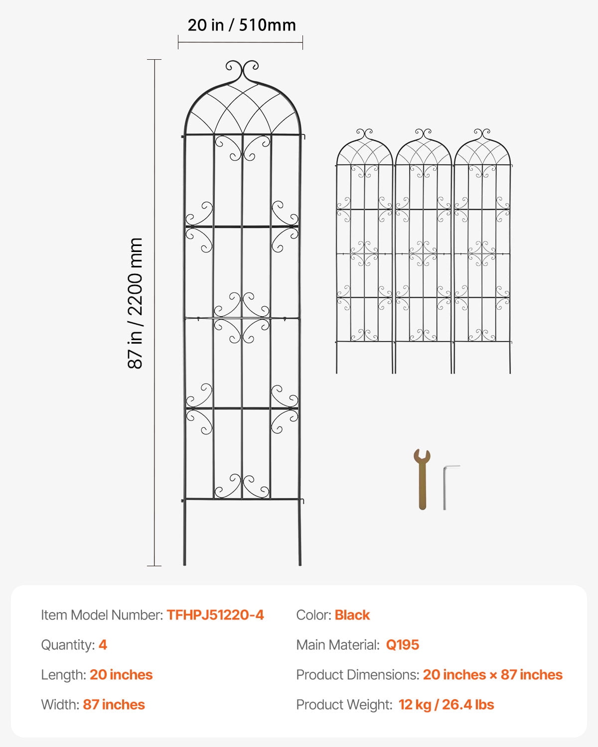 KFFKFF Garden Trellis for Climbing Plants, 87 x 20 in, Set of 4 Rust-Resistant Metal Trellises, Outdoor Plant Support for Roses, Cucumbers, and Clematis, Decorative Design for Gardens and Lawns