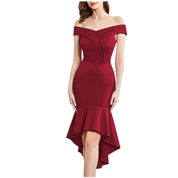 Kaemgyyd Wedding Guest Dresses for Women Bodycon off Shoulder Short Sleeve Party Cocktail Pencil Midi Dress Slim Ruffle Hem Outfit