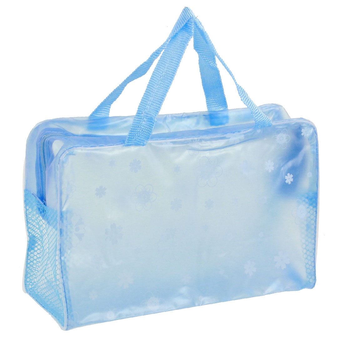 Unique Bargains Portable Zippered Mesh Floral Printed Light Blue Clear