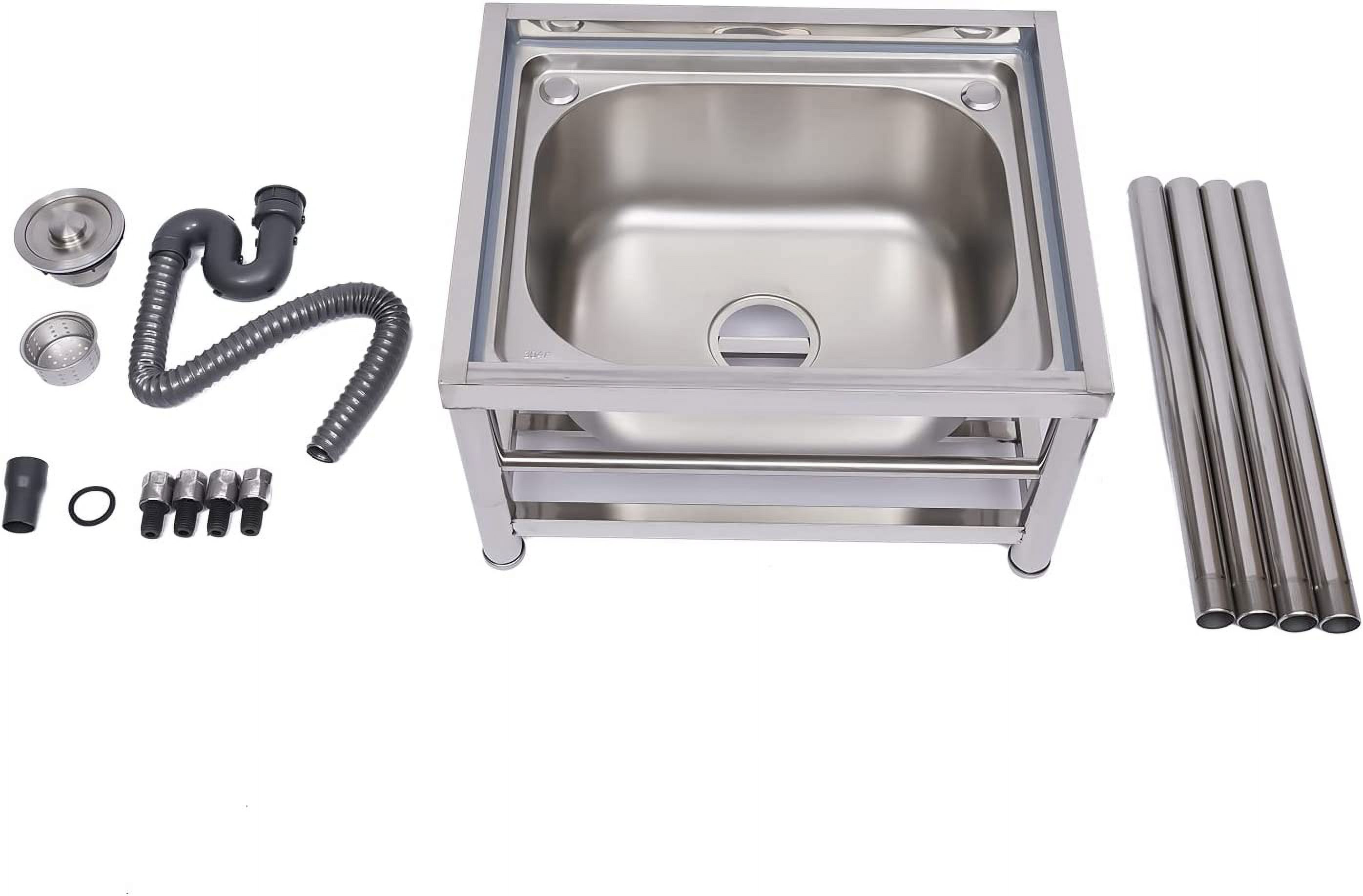 Free Standing Stainless Steel Utility Sink, Single Bowl Commercial Restaurant Kitchen Sink Set with Water Hose and Storage Shelve, 17 x 13 x 8 Inch Inner Sink