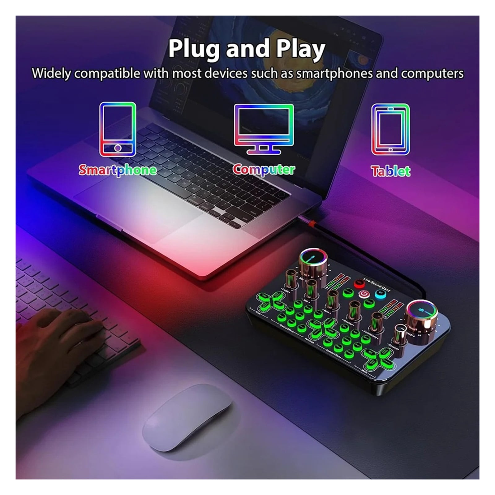 Live Sound Card Mixer Interface With DJ Mixer Live Sound Effects Speech Converter For e PC Streaming Media Recording ,Easy to Operate