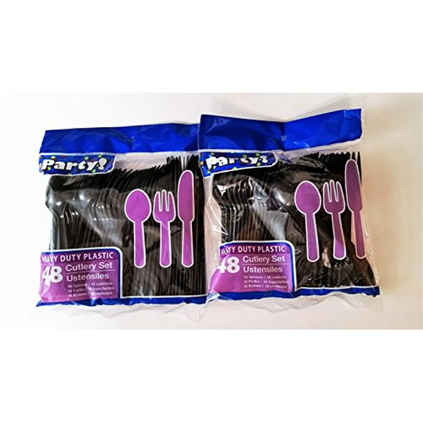 Heavy Duty Plastic Cutlery Set in Black 32 Spoons, 32 Forks, 32