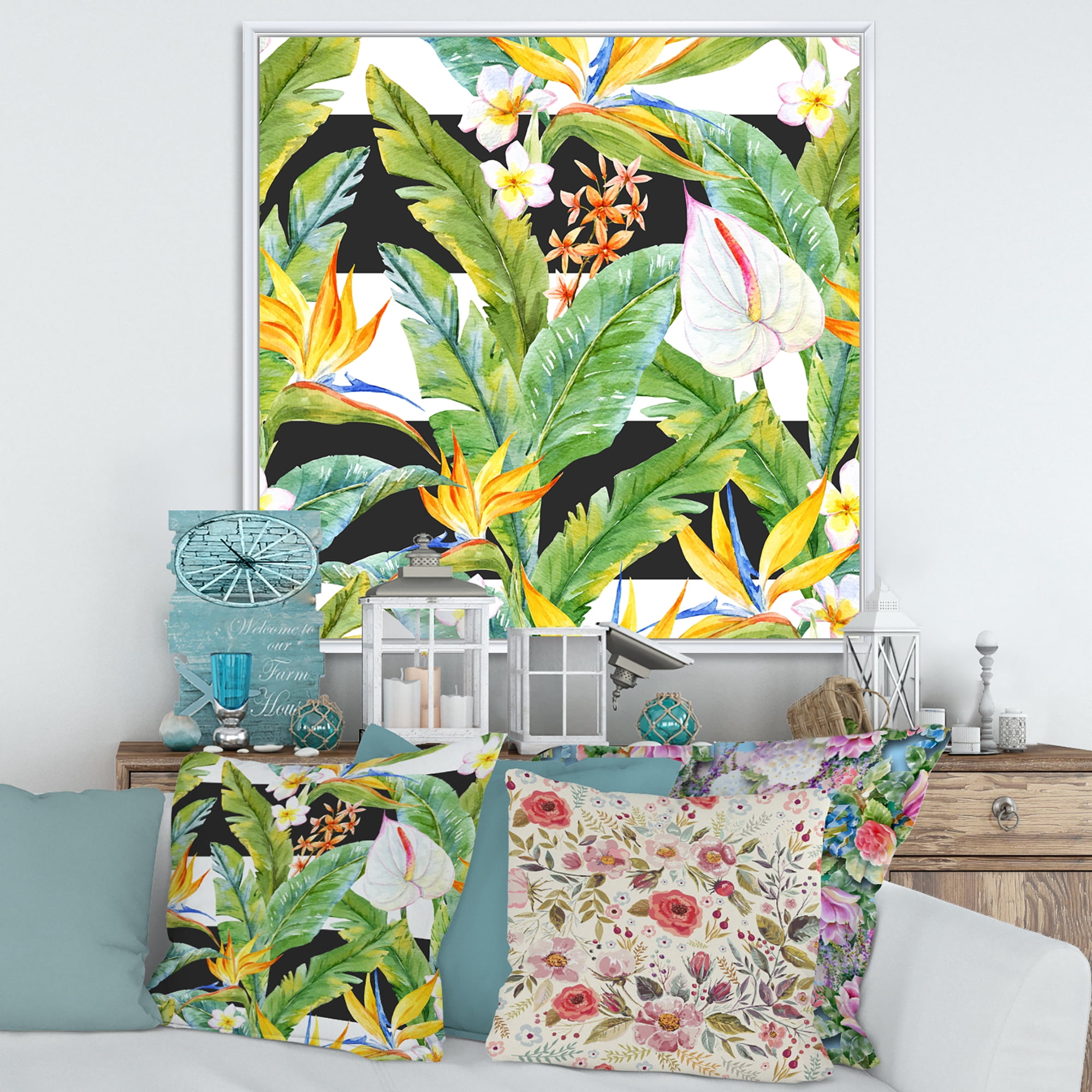 Yellow Flowers and Tropical Foliage IV 16 in x 16 in Framed Painting Canvas Art Print, by Designart