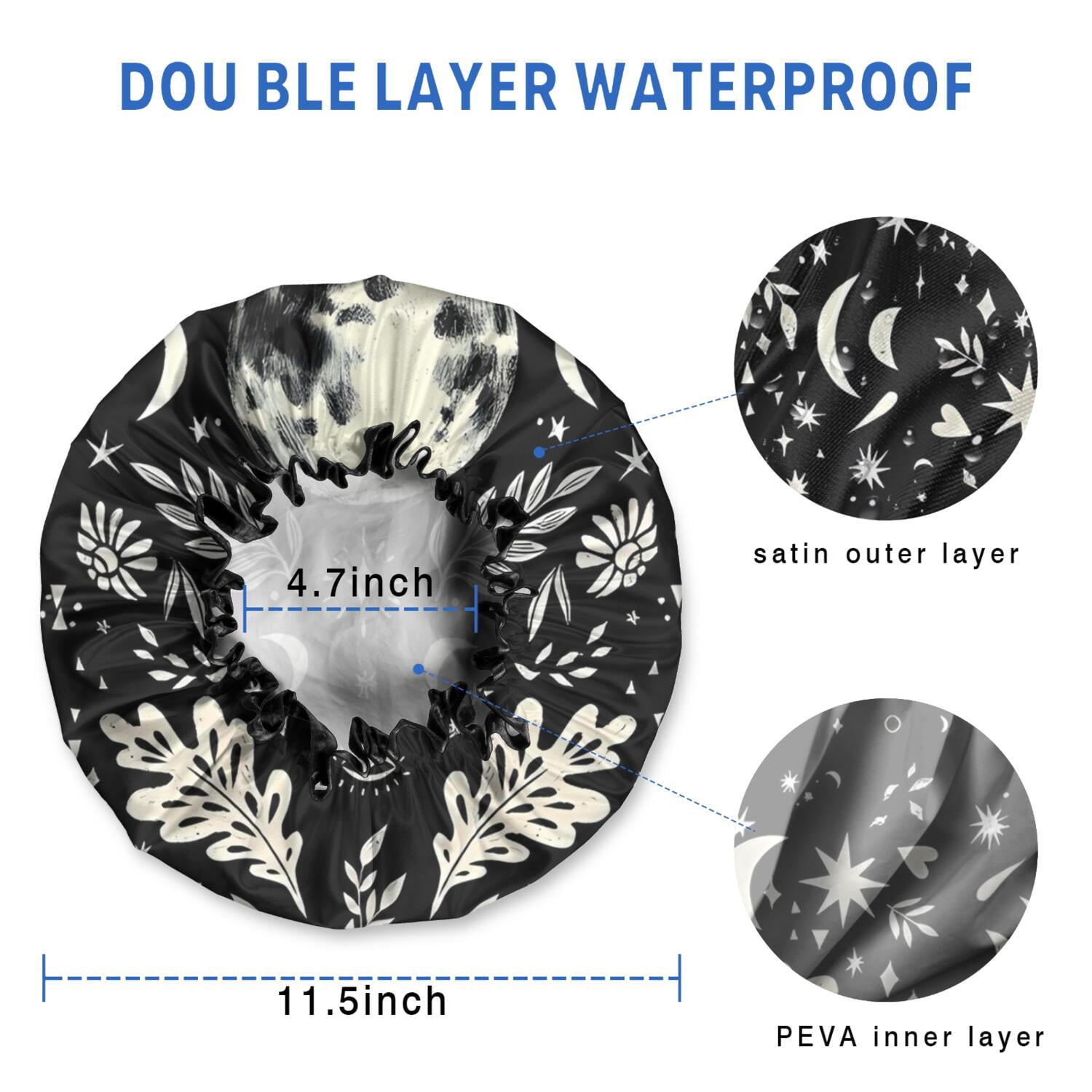 Shower Caps,Black Gothic Moon Flower Star Pattern Waterproof Shower Cap for Women 4 Pieces,Double Reusable Hair Cover for Shower PEVA Elastic Stretch Hem