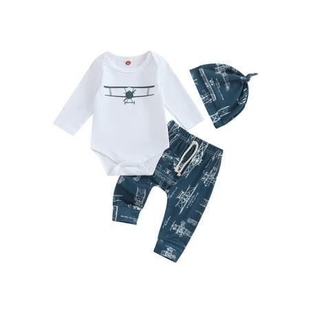 

Wassery Infant Boy 3Pcs Fall Outfits 3M 6M 12M Baby Boy Clothes Set Long Sleeve Helicopter Print Romper Bodysuits + Elastic Waist Pants + Hat Set