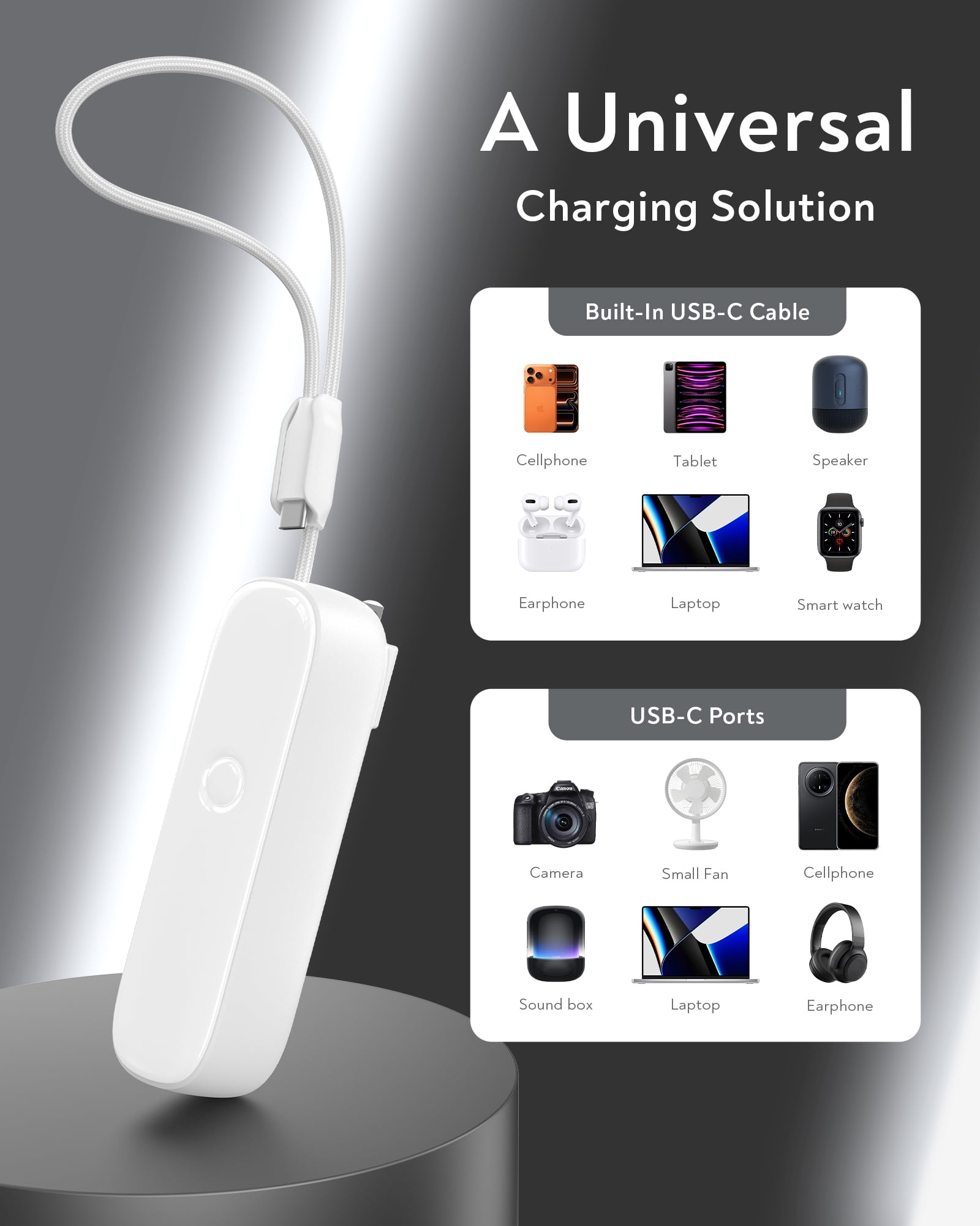 TOPADRE 22.5W Power Bank, 5000mAh Portable Charger with Built-in USB-C Cable, Foldable Plug, Dual Type-C Ports, White