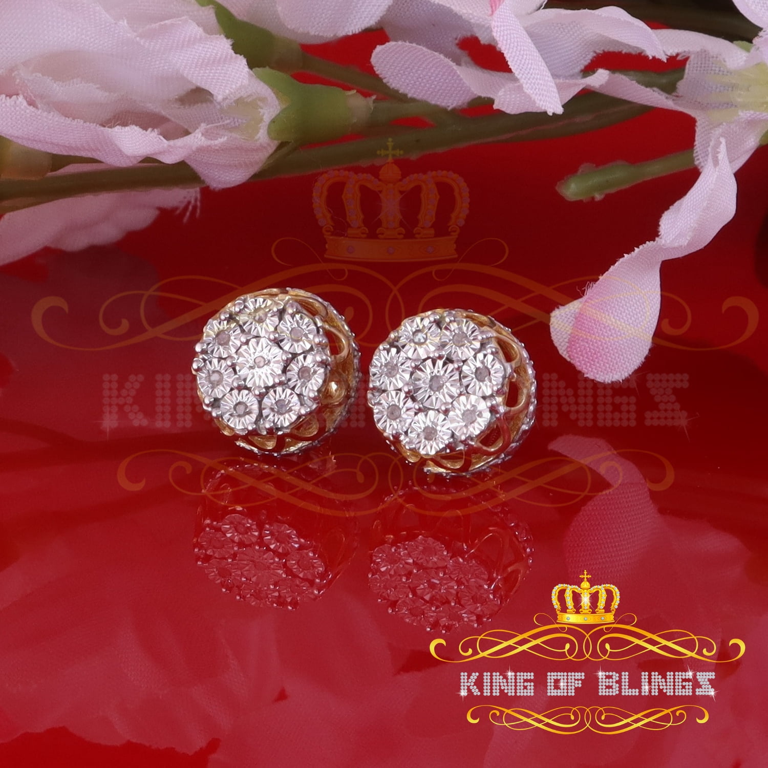 King of Bling's 0.10ct Diamond 925 Sterling Yellow Silver For Men's & Womens Stud Round Earrings
