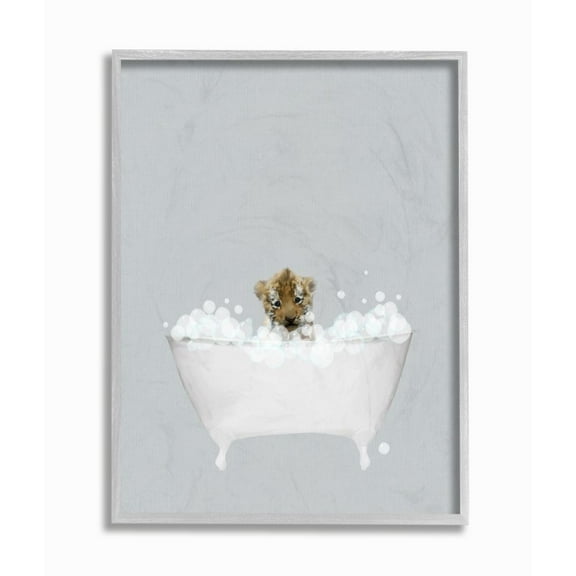 Stupell Industries Tiger Blue Bath Cute Animal Design Graphic Art Gray Framed Art Print Wall Art, 11x14, by Leah Straatsma