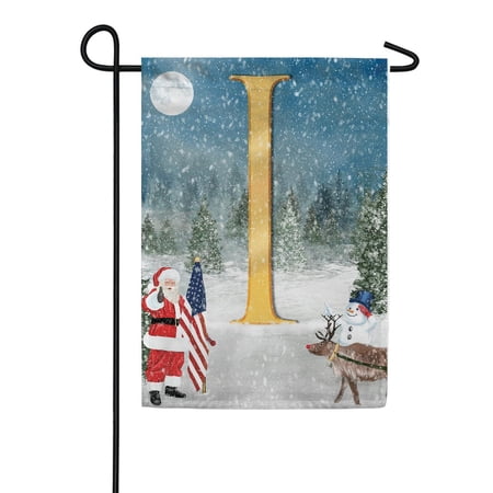 America Forever Monogram Christmas Garden Flag Letter I 12.5 x 18 inch Double Sided USA Patriotic Snowman and Santa Christmas Holiday Yard Outdoor Decoration