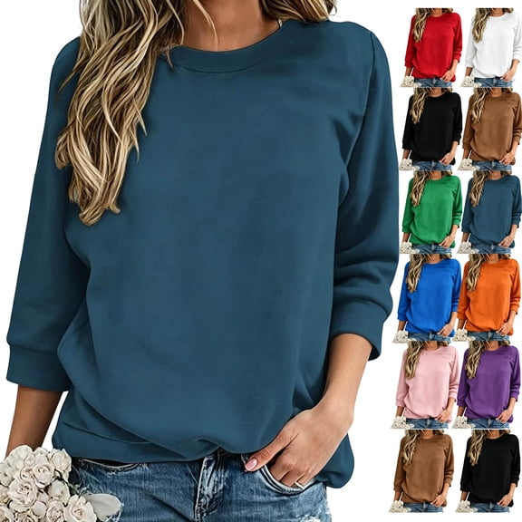 Crew Neck Sweatshirts for Women 3/4 Sleeve Solid Color Blouses Winter Casual Loose Fashionable Cozy Trendy Pullover Sweatshirts For Fall & Winter