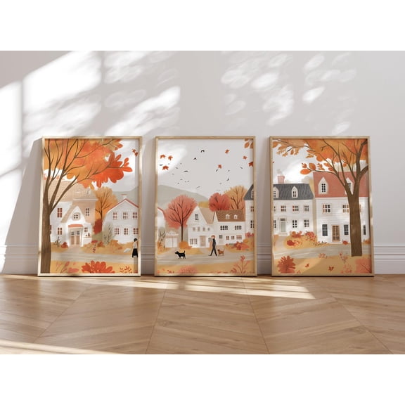 Luvia Cozy Autumn Wall Art Set of 3, Cute Fall Season Decor, Warm Tone Cottagecore Art, Cityscape Village Art Wall Decor Set 3 Prints 8x12 UNFRAMED