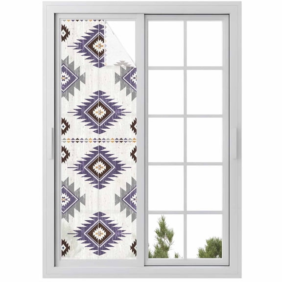 Purple Aztec Window Privacy Film, Southwest Boho Abstract Gray Geometric Static Cling UV Sun Blocking Heat Control Window Tint Day and Night, Non-Adhesive One Way Windows Privacy Cover 17.7''x78.7''
