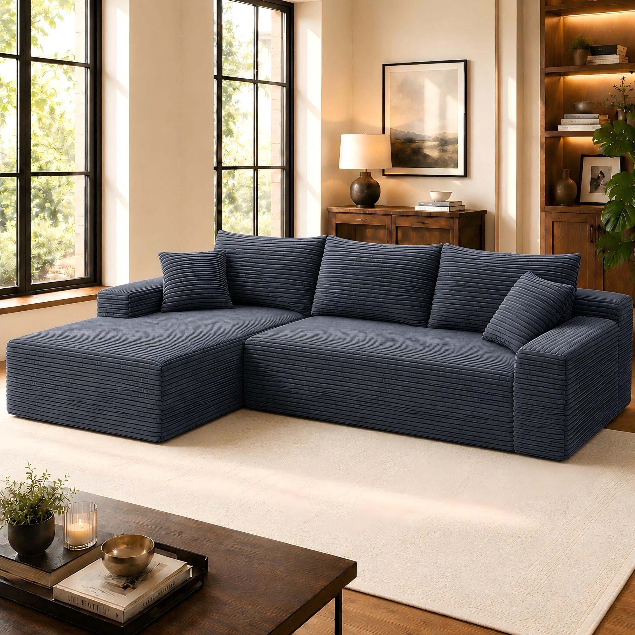 Aukfa 107" Cloud Modular Sectional Couch with Left-Facing Chaise, Corduroy Deep Seat Boneless Sofa for Living Room, Apartment, Gray