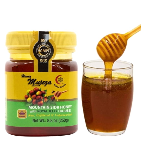 Mountain Sidr Honey (Jujube) with Fresh Royal Jelly by Mujezat Al-Shifa – Raw, Unfiltered, Unpasteurized, Gluten-Free, 250g / 8.8oz