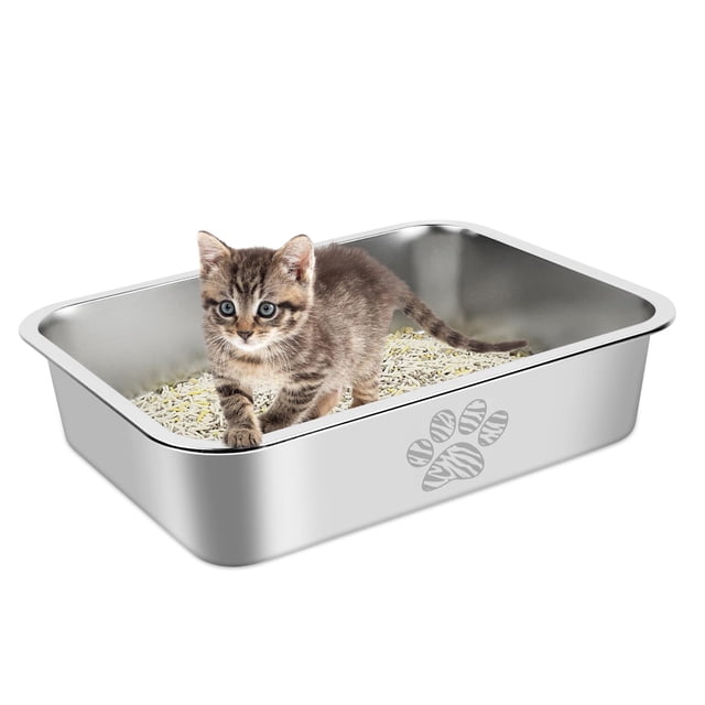 Caja de arena para gatos PWTAA de acero inoxidable con lado alto, 40 x 30 x 10 cm