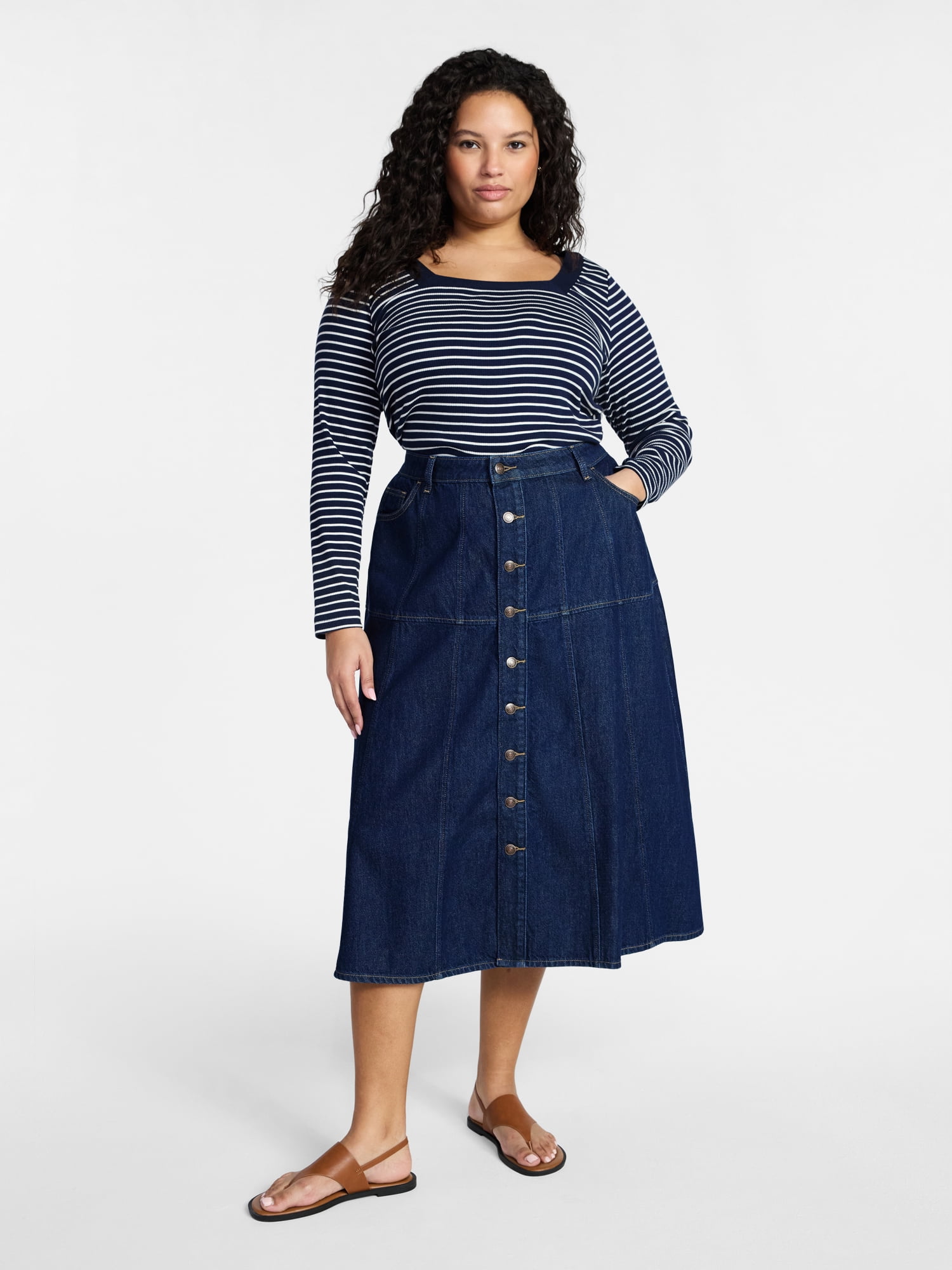 Terra & Sky Women's Plus Drapey Button Front Denim Skirt, Sizes 16W-24W