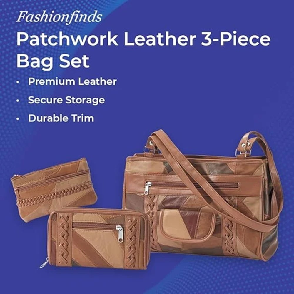 Leather 3-Piece Bag Set for Women, Brown Handbag, Wallet, and Matching Coin Purse, Ladies Patchwork Leather Shoulder Bag