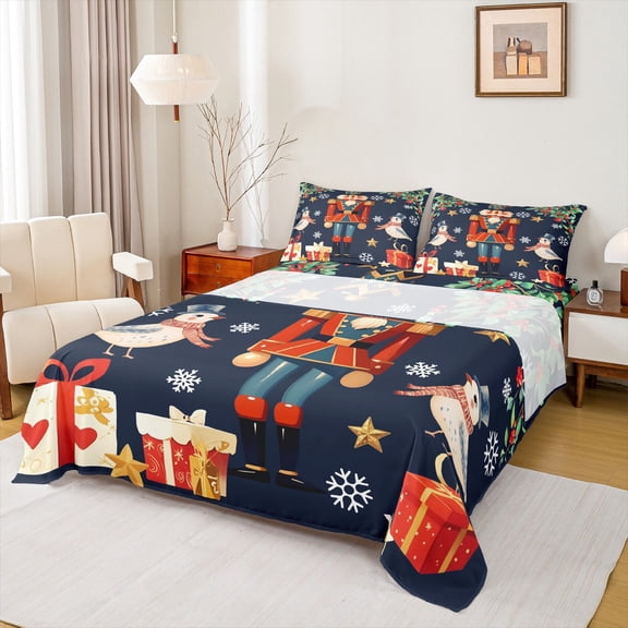 Homewish Retro Xmas Nutcraker Twin Sheet Sets,Funny Wild Bird Twin Fitted Sheet,Chic Christmas Gifts Flat Sheet For Girls,Ultra Soft Home Decor,3-Piece