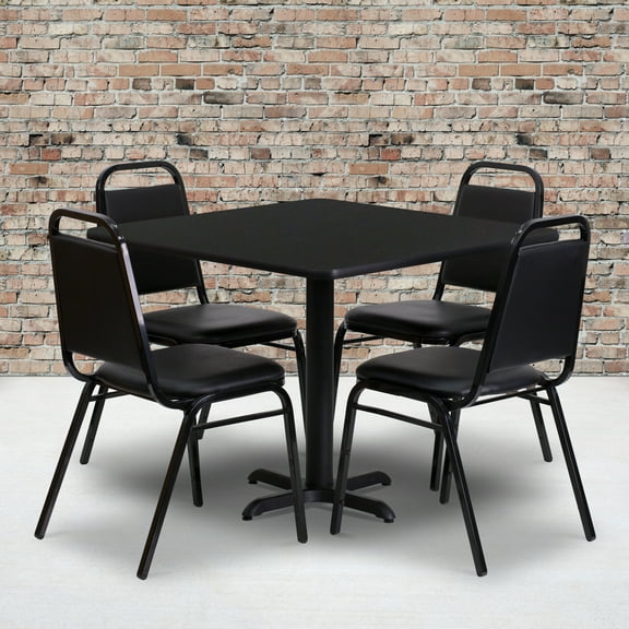 BizChair 36'' Square Black Laminate Table Set with X-Base and 4 Black Trapezoidal Back Banquet Chairs