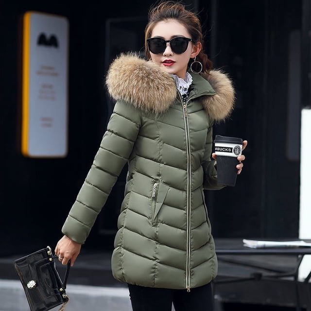 Abrigo de algodón para mujer, chaqueta de algodón de corte entallado medio largo para mujer, cuello de piel grande, chaqueta de algodón de plumón, abrigo para mujer