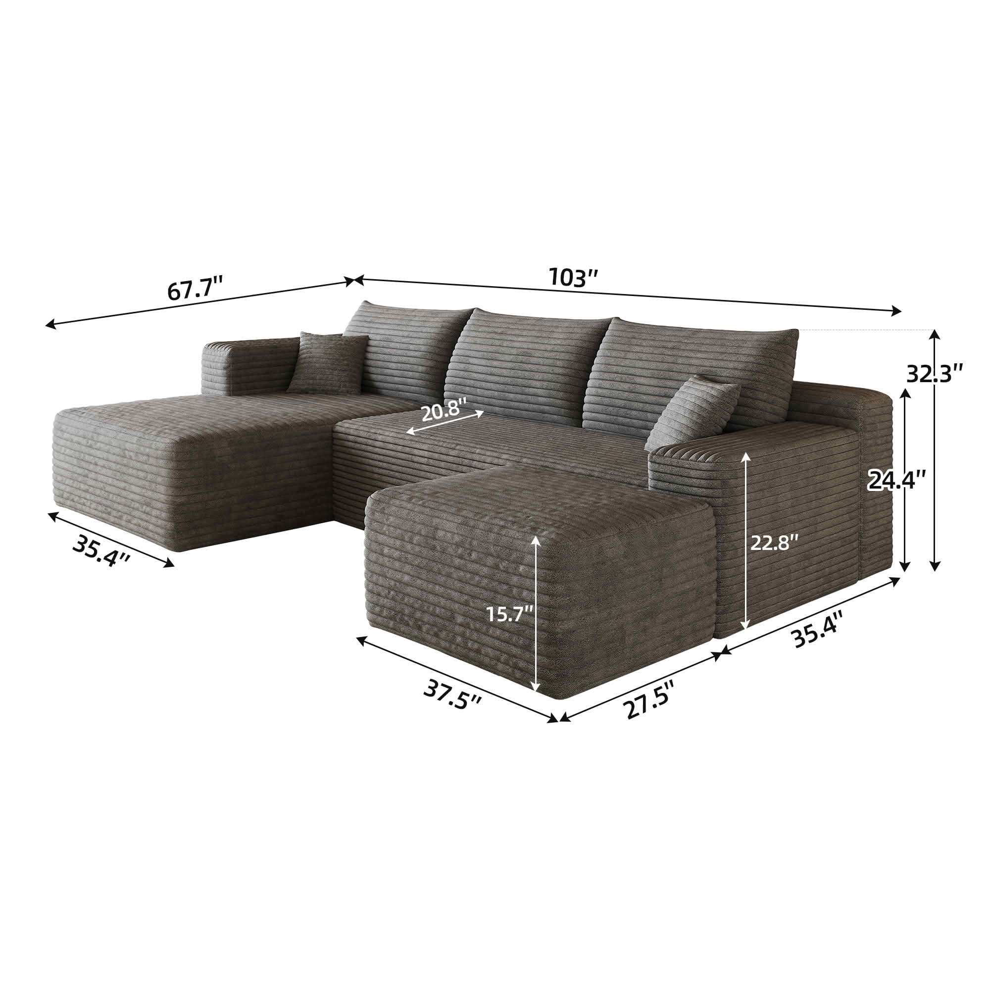 MAYEERTY 103 Inch Cloud L Shaped Sectional Sofa, Plush Corduroy Deep Seat Corner Couch, No Assembly Modern Minimalist Sofa for Living Room Apartment
