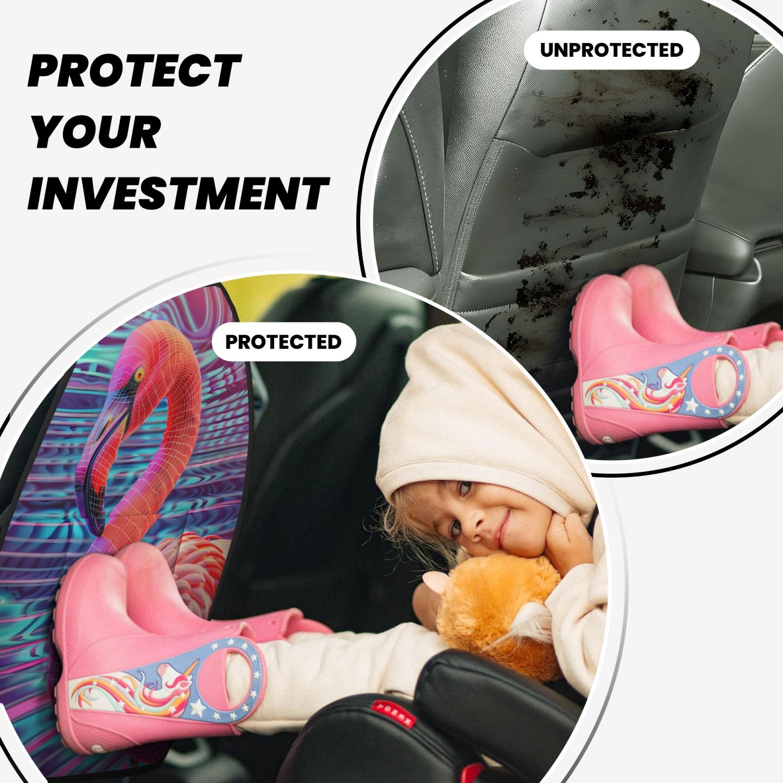 Kdxio Digital Flamingo Vibrant Art Print 2 Pack Car Kick Mat Seat Cover Back Protector Mat with Pockets for Organizer Backseat Protector and Storage Anti Kick Pad for Vehicles