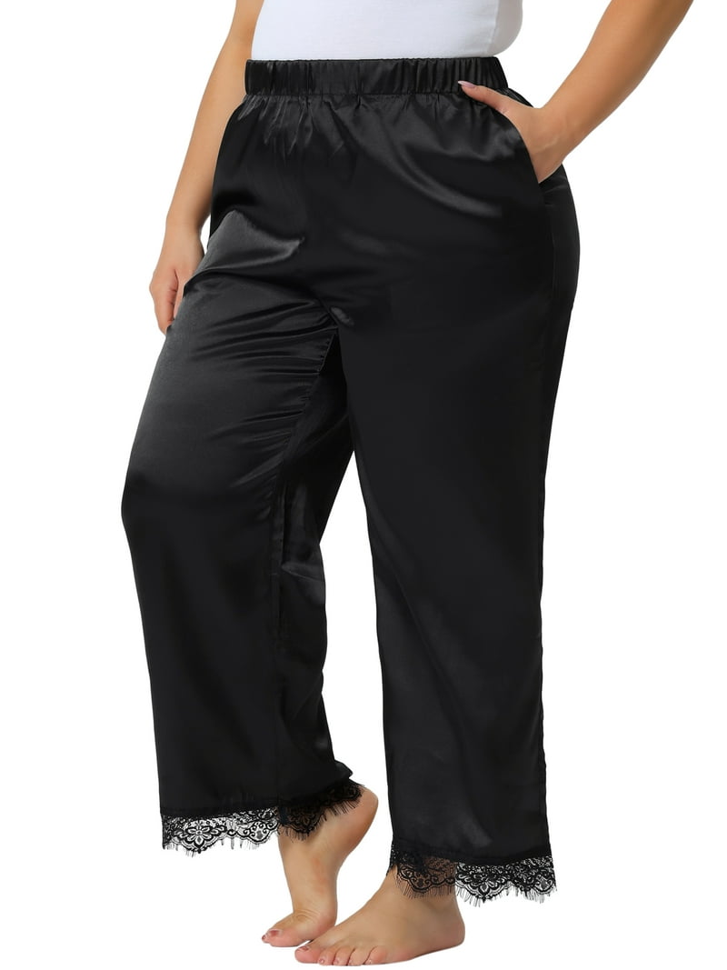 Unique Bargains Women's Plus Size Satin Lace Trim Pajama Pants 3X