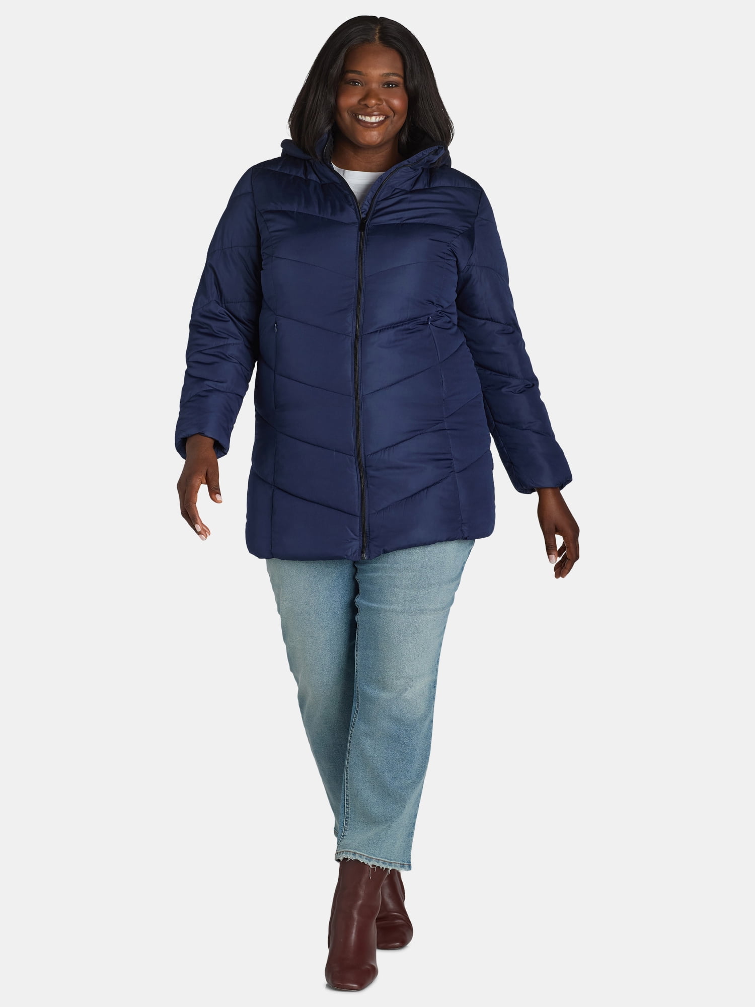 Big Chill Women's and Women's Plus Chevron Quilted Puffer Jacket with Hood, Sizes S-3X
