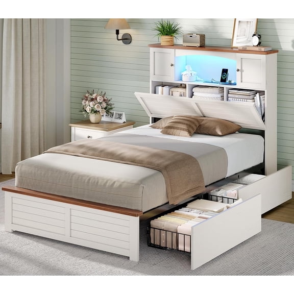 Farmhouse Twin Size Bed Frame with Bookcase Headboard, Wood Platform Bed with LED Lights & 4 Drawers, No Box Spring Needed, White