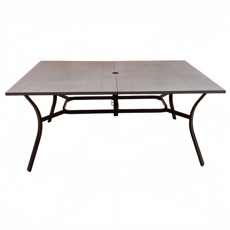 Howcool Outdoor Rectangular Dining Table w/ Imitation Wooden Tabletop, Iron Patio Table w/ Umbrella Hole