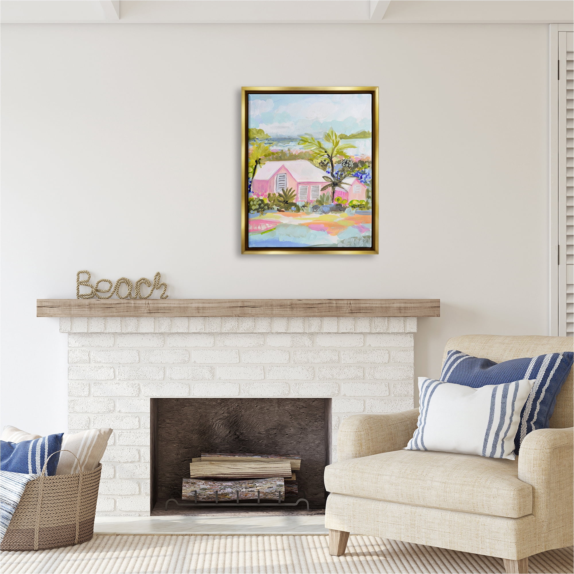 Stupell Industries Pink Tropical Cottage Landscape Painting Gold Floater Framed Canvas Art Print Wall Art, 25 x 31