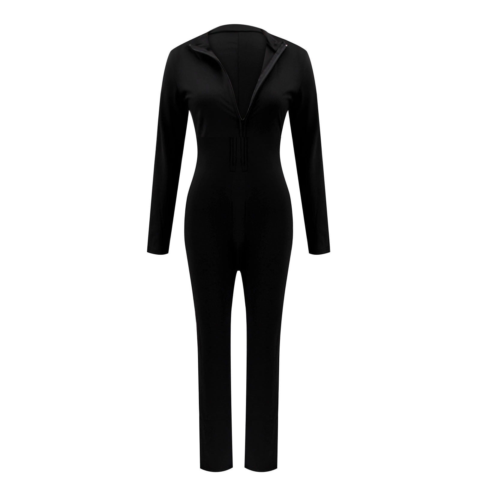 Long Sleeve Bodysuit Womens Front Zipper Casual Sexy V-neck