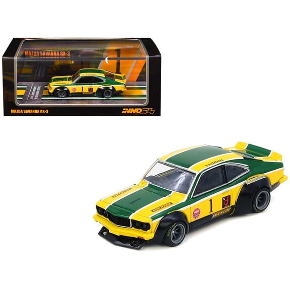 Mazda RX-3 Savanna RHD #1 "Katayama Racing Livery" Green and Yellow Striped 1/64 Diecast Model Car by Inno Models