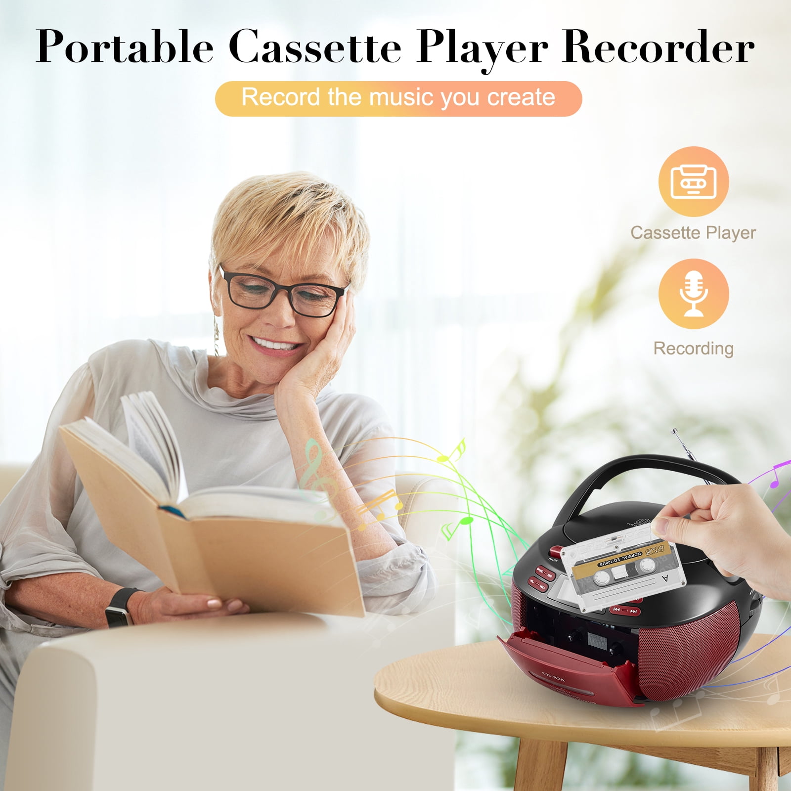 Boombox Cassette CD Player Combo with Bluetooth, Remote, AM/FM Radio, Tape Recording, Black