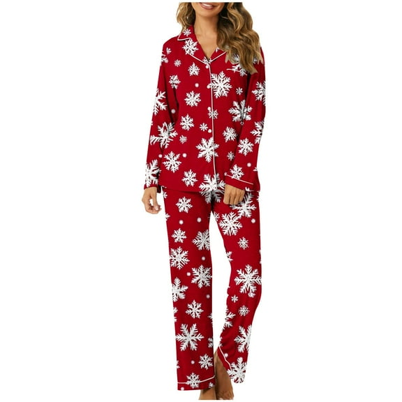 Tnhcen Holiday Women’s Christmas Snowflake Print Pajamas 2-Piece Long Sleeve Button Pjs Set Soft Elegant Nightwear Lounge Home Clothes S-3XL